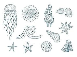 Silhouettes of sea life outline isolated on white background. Vector Hand drawn illustrations of engraved line. Collection of sketches jellyfish, fish, seaweed, seashells