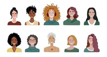 paquete de diferentes avatares de mujeres. conjunto de coloridos retratos de usuario. vector