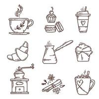 Hand drawn coffee set. Vector sketch illustration set with cup, cezve, spices, coffee grinder, croissant and other desserts