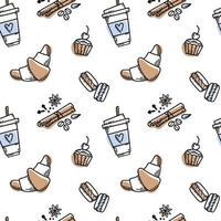 Vector hand drawn sketch style tea or coffee pattern. Coffee cup, spices and coffee beans, macaroons, cake, croissant.