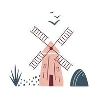 Minimalistic card with windmill, birds and haystack on white background. Autumn northern landscape in limited colours. vector