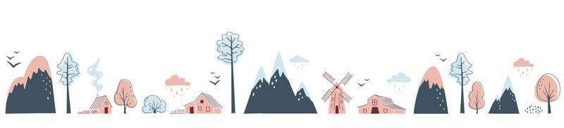 Minimalistic seamless border with mountains, trees, houses and windmill on white background. Landscape in limited colours.