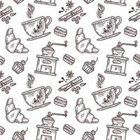 Vector hand drawn sketch style coffee seamless pattern. Cups of coffee, spices and coffee beans, , macaroons, cake, croissants, coffee grinder