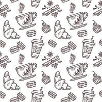 Vector hand drawn sketch style tea or coffee seamless pattern. Cups of tea or coffee, spices and coffee beans, , macaroons, cake, croissants