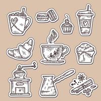 Coffee Stickers set. Hand drawn coffee collection. Vector sketch illustration set with cup, cezve, spices, coffee grinder, croissant and other desserts