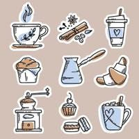 Coffee Stickers set. Vector sketch illustration set with coffee cups, cezve, spices, coffee grinder, croissant and other pastries. Isolated vector objects