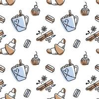 Vector hand drawn sketch style tea or coffee pattern. Cup, spices and coffee beans, macaroons, cake, croissant