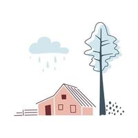 Minimalistic card with spruce, house and cloud on white background. Autumn or winter northern landscape in limited colours vector