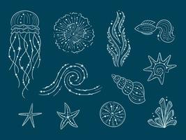 siluetas de contorno de vida marina aislado sobre fondo azul oscuro. ilustraciones vectoriales dibujadas a mano de línea grabada. colección de bocetos de medusas, peces, algas, conchas marinas vector