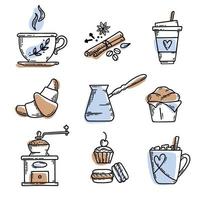 Hand drawn coffee set. Vector sketch illustration set with cup, cezve, spices, coffee grinder, croissant and other desserts