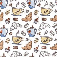 Vector hand drawn sketch style tea or coffee seamless pattern. Cup and mug, coffee beans, macaroons, cake, croissants