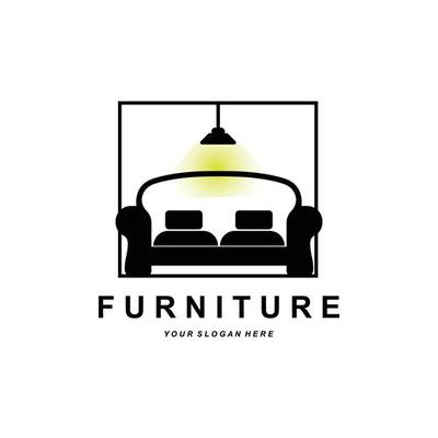 furniture logo, home furnishing design, room icon illustration, table, chair, lamp, frame, clock, flower pot