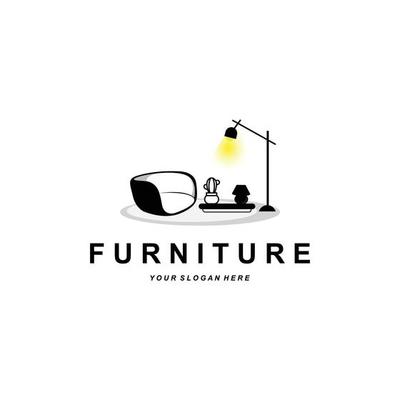 furniture logo, home furnishing design, room icon illustration, table, chair, lamp, frame, clock, flower pot