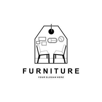 furniture logo, home furnishing design, room icon illustration, table, chair, lamp, frame, clock, flower pot