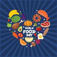 diseño de vectores de fondo del logotipo del día mundial de la alimentación, ilustración de frutas y alimentos variados, diseño de afiches de celebración de comidas