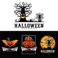 halloween day logo design, vector ghost, tree, pumpkin, spider, bat, grave, hand, moon scary poster