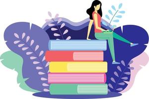 A girl sitting on a pile of books while using a laptop vector