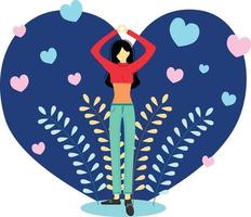 Self love flat vector illustration. A girl standing with love shape background