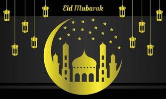 Eid mubarak background template with mosque on crescent moon and hanging lantern for ramadan event template vector