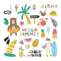 Set of cute summer elements and characters. Animals, fruits, drinks, plants and lettering. Illustrations for kids vector