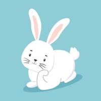 Cute character white bunny lying and dreaming. Vector illustration of rabbit isolated on blue background. Symbol new year 2023 and Easter