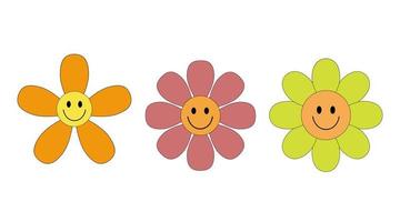 Groovy retro flowers daisy set. Hippie stickers in 1970 style. Vector Disco flowers isolated on white background