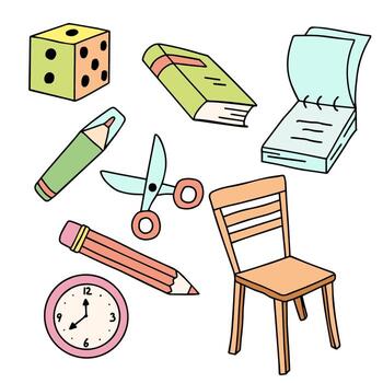 Vector kids set with hand drawn elements pencil, book, chair, cube, marker, clock . Sticker collection with simple childish objects isolated on white background.