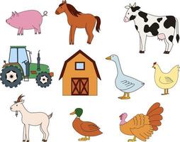 Vector illustration of farm animals, barn and tractor. Isolated on white background