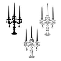 Three armed candelabrum or candle holder. Vector Silhouette of classic antique candlestick is isolated on white background