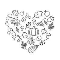 Sketchy vector hand drawn leaves, pumpkin, acorn. Doodle set of objects and symbols on the autumn theme in the shape of a heart