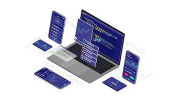 Cryptocurrency, bitcoin, blockchain website software application design and development 3d isometric illustration cross platform code responsive. vector