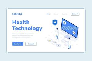 Landing Page Template Health Technology Two Man Doctor DNA Computer Isometric Illustration vector