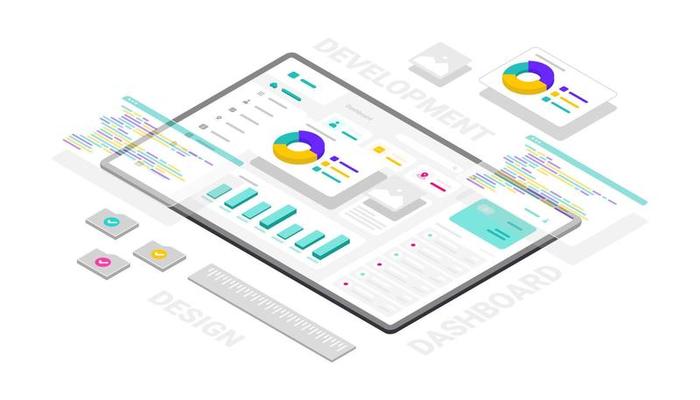 Dashboard website and software technology development 3d isometric illustration