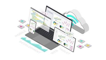 Web development and coding. Cross platform development website. Adaptive layout user interface on screen laptop, tablet and phone. 3d Isometric concept illustration. Cloud Technology vector