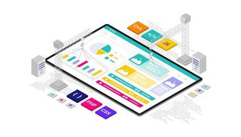 Under construction programming website dashboard development 3d isometric illustration vector