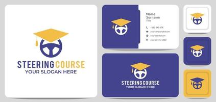 driving course logo, graduation hat, steering wheel symbol vector. for sport education and learn to drive vector