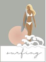 Girl is surfing illustration. banner, Simmertime. Body positive aesthetic vector