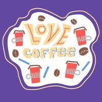 Vector illustration of fun red cups of coffee with steam and sugar on violet and white background. Coffee time concept. Hand drawn colorful art design of cup of coffee