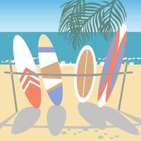 Many multi-colored surfboards on the beach. Panorama. Vector illustration. Set of surfboards.