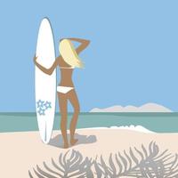 Vector illustration - girl on a beach, holding surfboard. ocean, surfers, palms and hills on background. Vector illustration.