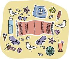 Beach accessories on sand. Set objects for swimming and vocation sea. Vector illustration in flat style.