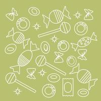 Set of sweets. Vector isolates in cartoon style on a color green background. Sweet objects.