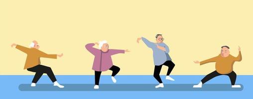 Taichi wushu kungfu fitness healthy activities grandfather adult cartoon flat design vector illustration