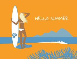 Vector illustration - girl on a beach, holding surfboard. ocean, surfers, palms and hills on background. Vector illustration.