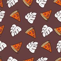 vector de fondo de hoja tropical y pizza, patrón sin costuras con elementos de estilo memphis