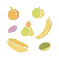 conjunto de frutas y verduras, estilo boho, trozos de papel cortados, bordes irregulares. pera manzana kiwi plátano melón ciruela naranja. aislado, fondo blanco. vector