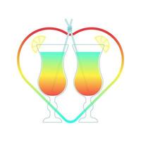 Cocktail, drink two glasses, heart, icon, lovers, LGBT, exotic, summer refreshing cocktail with lemon, love on the beach, summer, isolated, on a white background. Vector