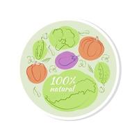 etiqueta de etiqueta adhesiva de burbuja con conjunto de verduras de garabato. 100 producto natural, 100 orgánico, comida saludable. iconos de alimentos orgánicos en vector. vector