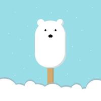 Banner ice cream Polar bear on a wooden stick, snow, snowflakes. Flat style. The shape of a polar bear, on a blue background. Wrap, template, background, backdrop, advertisement. Vector