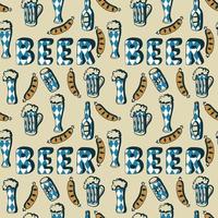 Oktoberfest beer pattern doodle drawings, beer glass sausage bottle jar, lettering BEER. Vector illustration